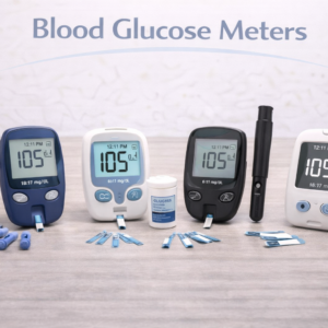 Blood glucose meters with test strip used for routine blood sugar monitoring.
