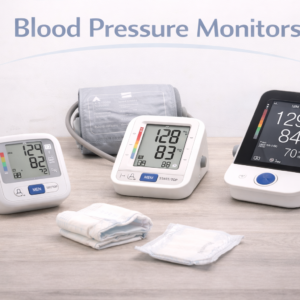 Blood pressure monitor with cuff and digital display used for routine blood pressure measurement.
