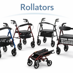 Rollators with four wheels, hand brakes, padded seats, and storage baskets displayed on a clean white background.