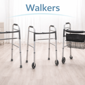 Medical walkers including a standard walker, two-wheel walker, and wheeled walker displayed in a bright room with a white background.