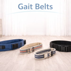 Gait belt used by a caregiver to provide safe support during assisted walking and transfers.