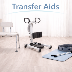 Transfer aids including a transfer board and gait belt used to support safe movement between bed, chair, and wheelchair.