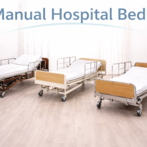 Manual hospital bed with adjustable head and foot sections displayed in a healthcare setting.