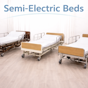 Semi-electric hospital bed with powered head and foot adjustments displayed in a healthcare setting.