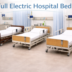 Fully electric hospital bed with powered head, foot, and height adjustments displayed in a healthcare setting.