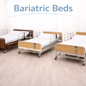 Bariatric hospital bed with reinforced frame and wide sleeping surface displayed in a healthcare setting.