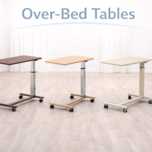 Adjustable over-bed table positioned over a hospital bed for meals, reading, and daily activities.