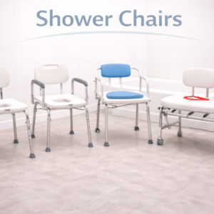 Shower chair placed inside a shower to provide stable seating support during bathing.