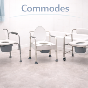 Bedside commodes positioned near a bed to provide accessible toileting support.