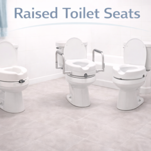 Raised toilet seat installed on a standard toilet to improve height and stability during use.