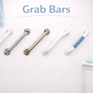 Grab bar installed on a bathroom wall near a shower to provide balance and safety support.