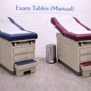 Manual exam tables with padded surface used in a clinical exam room.