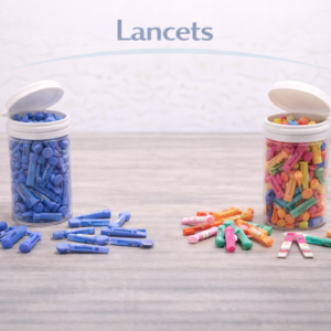 Sterile lancets used for finger stick blood sampling during glucose testing.