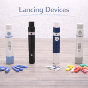 Lancing device used with a lancet for controlled finger stick blood sampling.