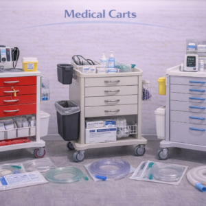 Medical cart with drawers and shelves used to organize and transport healthcare supplies.