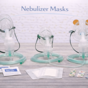 Nebulizer mask with tubing used for aerosol respiratory treatments.