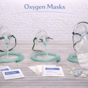 Oxygen mask with tubing used to deliver supplemental oxygen during respiratory care.