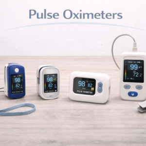 Pulse oximeter clipped onto a finger to measure oxygen saturation and pulse rate.