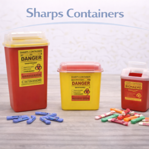 Sharps container used for safe disposal of needles and lancets in a healthcare setting.