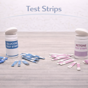 Blood glucose test strips used with a meter for routine blood sugar testing.