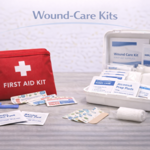 Wound-care kit containing bandages, gauze, dressings, and antiseptic supplies for first aid use.